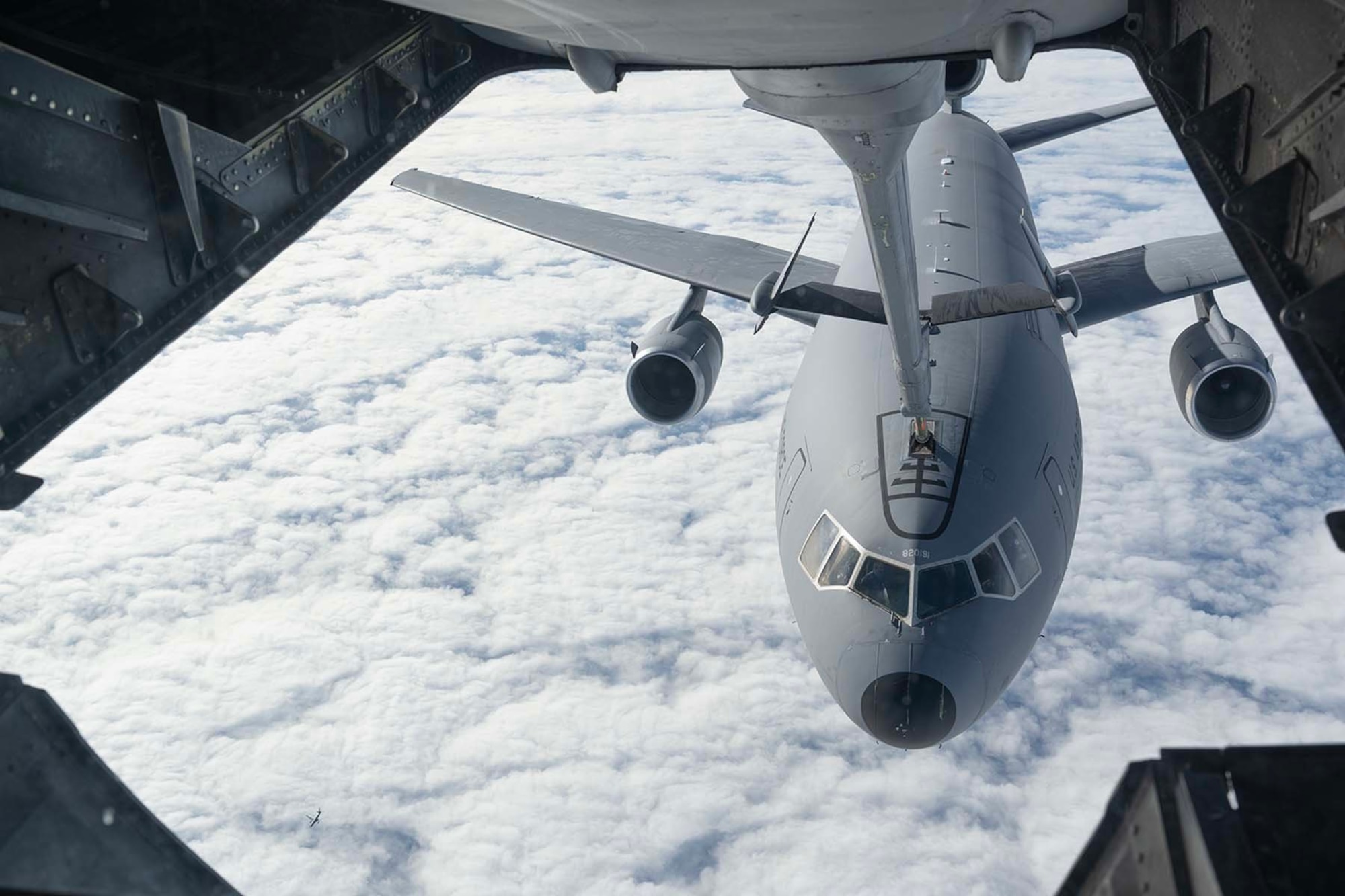 An airplane is simulated refueled by another airplane