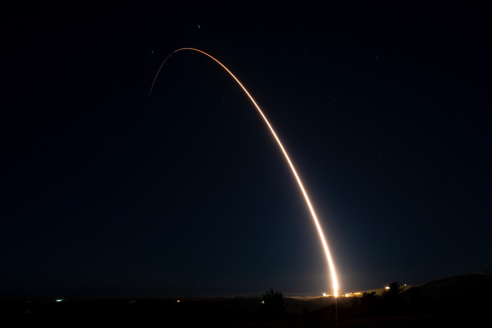 A team of Air Force Global Strike Command Airmen launched an unarmed Minuteman III intercontinental ballistic missile equipped with a test reentry vehicle at 11:01 P.M. Pacific Time Feb. 9 from Vandenberg Space Force Base, Calif. This test launch is part of routine and periodic activities intended to demonstrate that the United States' nuclear deterrent is safe, secure, reliable and effective to deter twenty-first century threats and reassure allies(U.S. Air Force Photo by Airman 1st Class Landon Gunsauls)