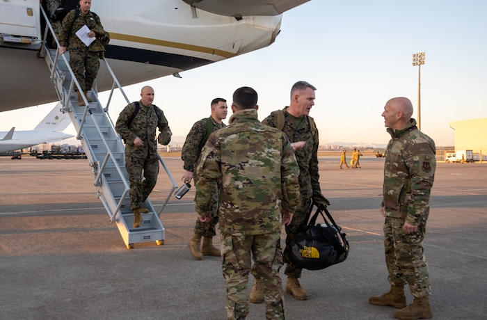 U.S. Marine Corps Brig. Gen. Andrew T. Priddy, Task Force 61/2 commanding general arrives, Feb. 9., at Incirlik Air Base, and is greeted by U.S. Air Force Col. Calvin Powell, 39th Air Base Wing commander. While supporting requirements from USAID, following an earthquake on Feb 6., Task Force, 61/2 is responsible for the coordination of joint U.S. military efforts, providing humanitarian aid and disaster relief to the people of Türkiye.