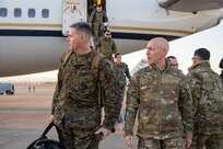 U.S. Marine Corps Brig. Gen. Andrew Priddy, commanding general of 2nd Marine Expeditionary Brigade and deputy commanding general of II Marine Expeditionary Force, left, walks with Col. Calvin Powell, 39th Air Base Wing commander, right, after arriving at Incirlik Air Base, Türkiye, Feb 9, 2023. The U.S. Marines and U.S. Navy personnel were tasked to assist with leading the response force following a series of earthquakes that struck central-southern Türkiye on Feb 6, 2023. As a fellow NATO ally, the U.S. Government mobilized personnel to assist in Türkiye in their response efforts.