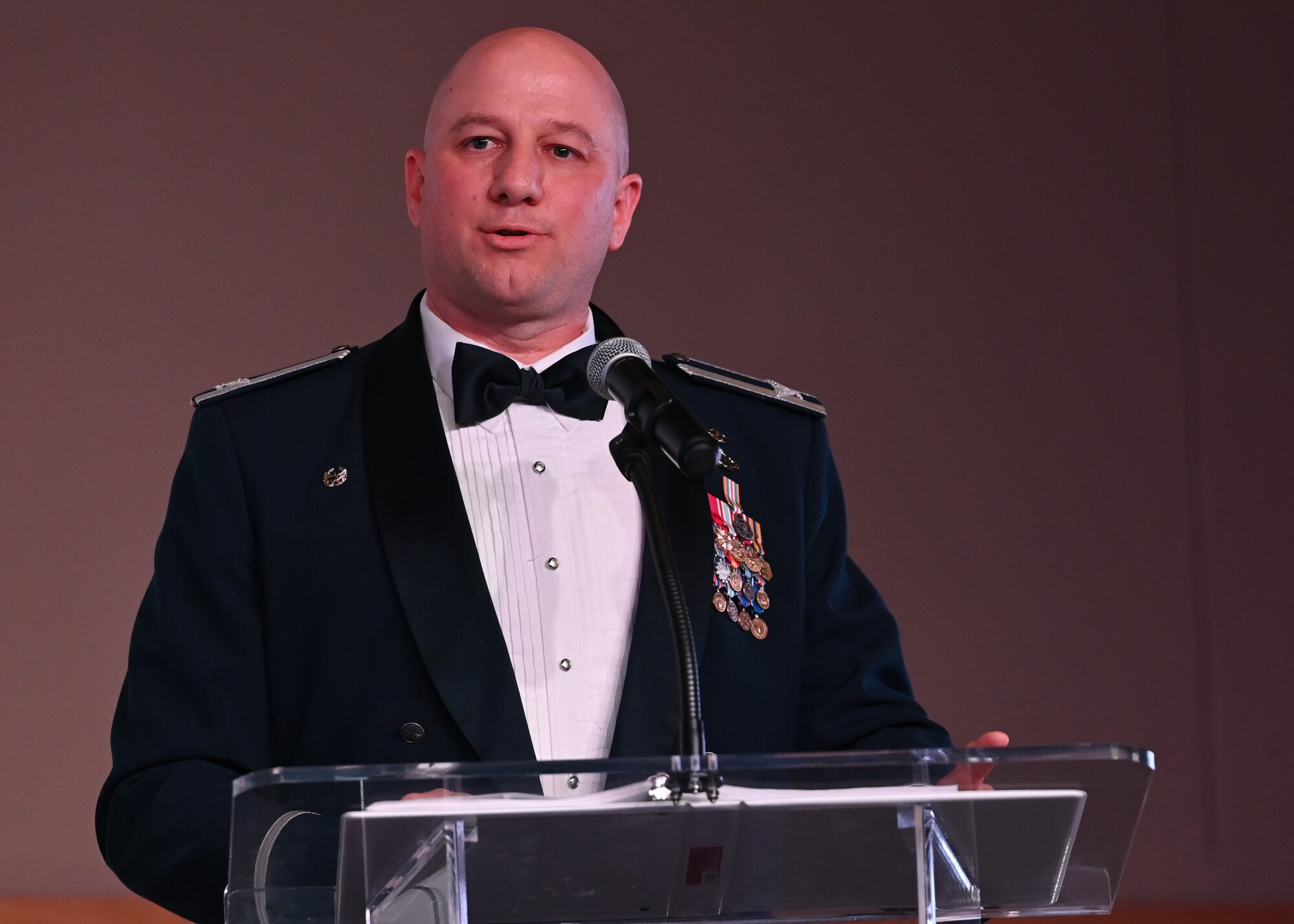 U.S. Air Force Col. Matthew Reilman, 17th Training Wing commander, speaks at the 17th TRW Annual Awards Ceremony, Feb. 11, 2023, at the McNease Convention Center, San Angelo, Texas. Reilman congratulated all nominees for their hard work and accomplishments throughout the year. (U.S. Air Force photo by Senior Airman Michael Bowman)