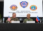U.S. Marine Corps Lt. Gen. William M. Jurney, left, commander, U.S. Marine Corps Forces, Pacific (MARFORPAC), speaks with Philippine Marine Corps Maj. Gen. Charlton Sean M. Gaerlan, commandant, Philippine Marine Corps (PMC), during the PMC-MARFORPAC Staff Talks, at the Citystate Asturias Hotel in Puerto Princesa, Palawan, Philippines, Feb. 10, 2023. The PMC-MARFORPAC Staff Talks serve to strengthen the relationship between MARFORPAC and the Philippine Marine Corps by providing the opportunity to align goals and objectives and collaborate on common interests through bilateral discussions and engagements. (U.S. Marine Corps photo by Sgt. Danny Nateras)