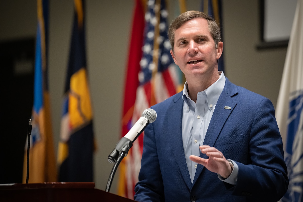 Kentucky Gov. Andy Beshear addresses more than 900 Soldiers and Airmen from the Kentucky National Guard during Leadership Development Day, held at the Kentucky Exposition Center in Louisville, Ky., Feb. 5, 2023. The event, for officers and senior enlisted troops, also featured presentations by U.S. Air Force Lt. Gen. Marc Sasseville, vice chief of the National Guard Bureau; U.S. Army Maj. Gen Troy Galloway, deputy commanding general of the Army National Guard; U.S. Army Maj. Gen. Mark Landes, commander of First Army East; U.S. Army Maj. Gen. Haldane Lamberton, adjutant general of the Commonwealth of Kentucky; and U.S. Air Force Maj. Gen. Duke Pirak, deputy director of the Air National Guard. (U.S. Air National Guard photo by Dale Greer)