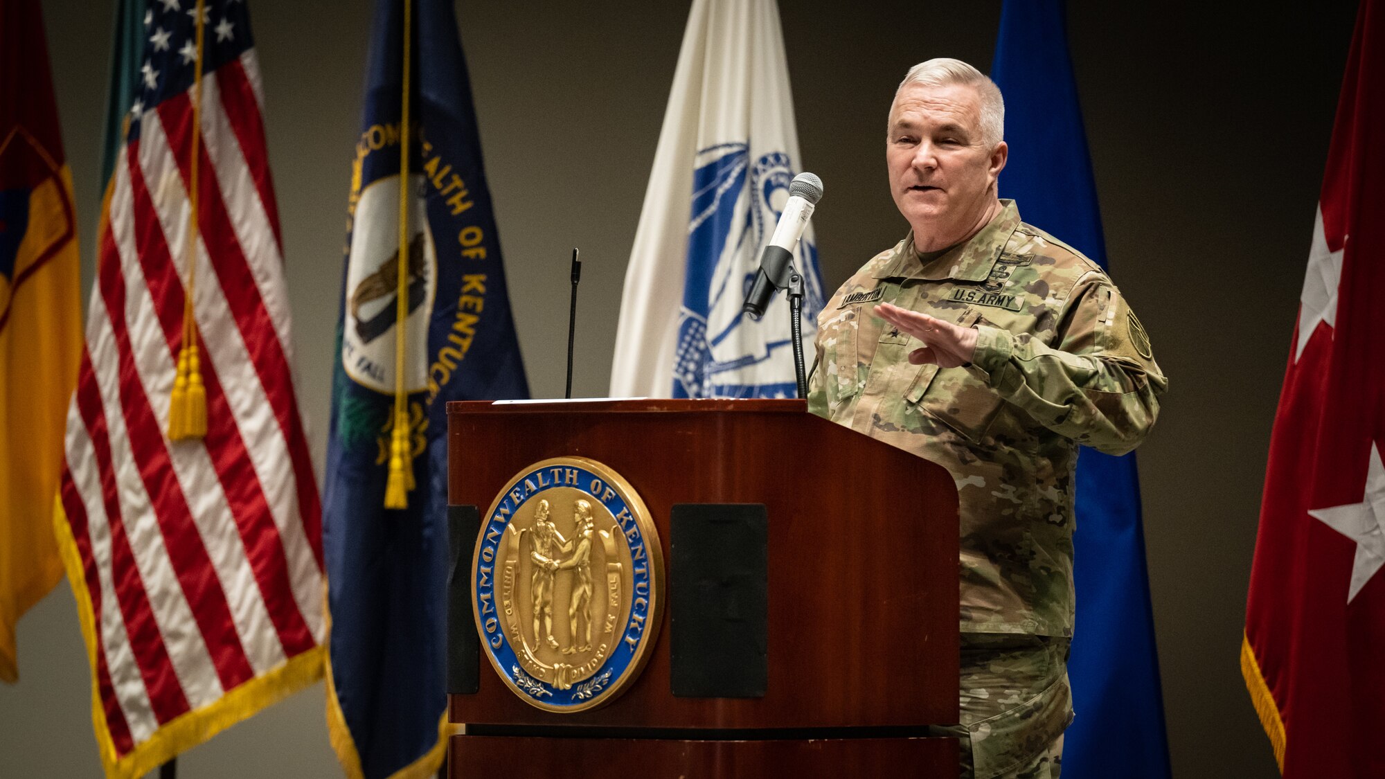 U.S. Army Maj. Gen. Haldane Lamberton, adjutant general of the Commonwealth of Kentucky, addresses more than 900 Soldiers and Airmen from the Kentucky National Guard during Leadership Development Day, held at the Kentucky Exposition Center in Louisville, Ky., Feb. 5, 2023. The event, for officers and senior enlisted troops, also featured presentations by Kentucky Gov. Andy Beshear; U.S. Air Force Lt. Gen. Marc Sasseville, vice chief of the National Guard Bureau; U.S. Army Maj. Gen Troy Galloway, deputy commanding general of the Army National Guard; U.S. Army Maj. Gen. Mark Landes, commander of First Army East; and U.S. Air Force Maj. Gen. Duke Pirak, deputy director of the Air National Guard. (U.S. Air National Guard photo by Dale Greer)