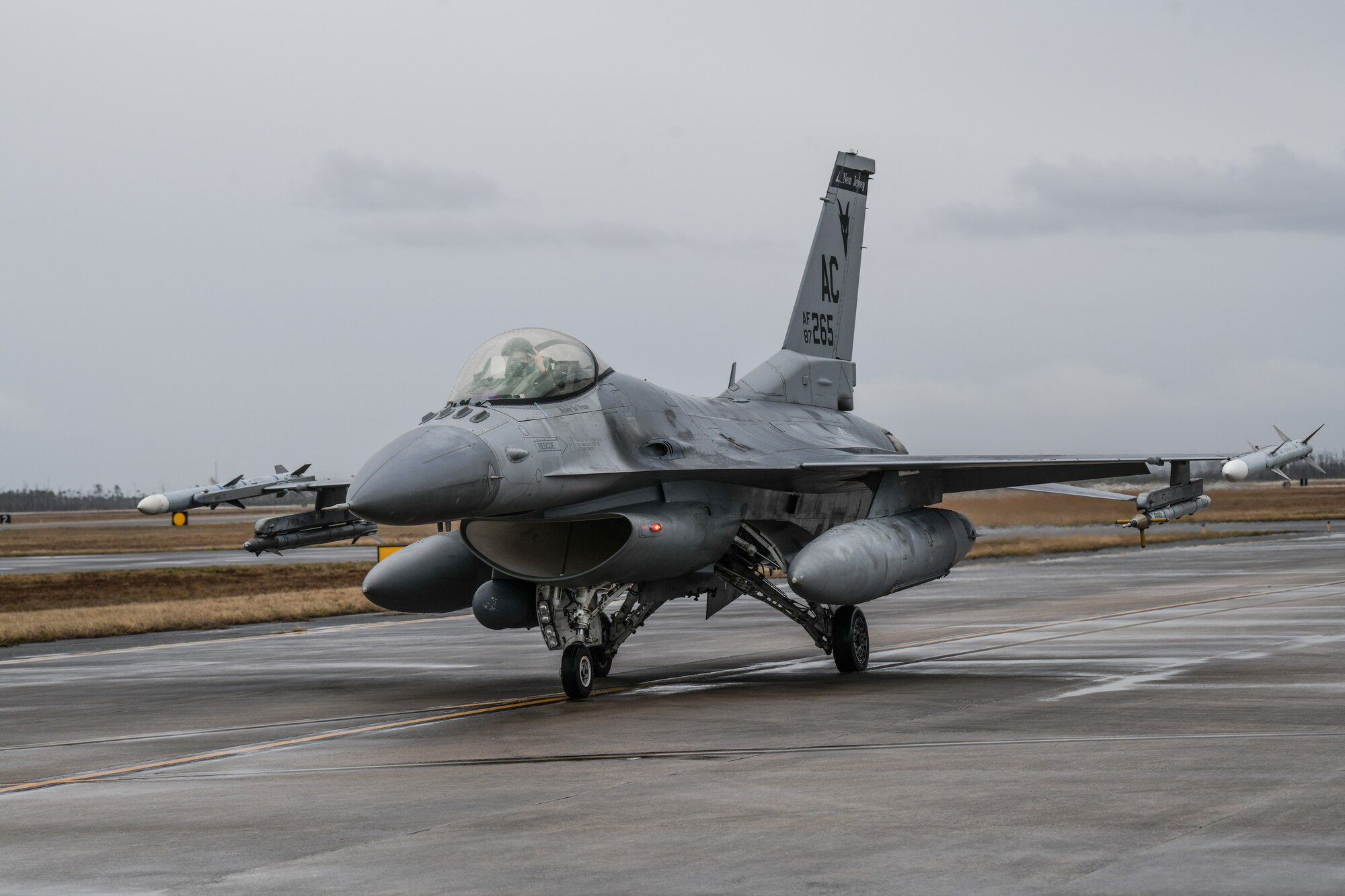 An image of a U.S. Air Force F-16C+ fighter pilot, with the 177th Fighter Wing of the New Jersey Air National Guard, taxiing his aircraft to a training sortie launch at Tyndall Air Force Base, Fla., Jan. 25, 2023.