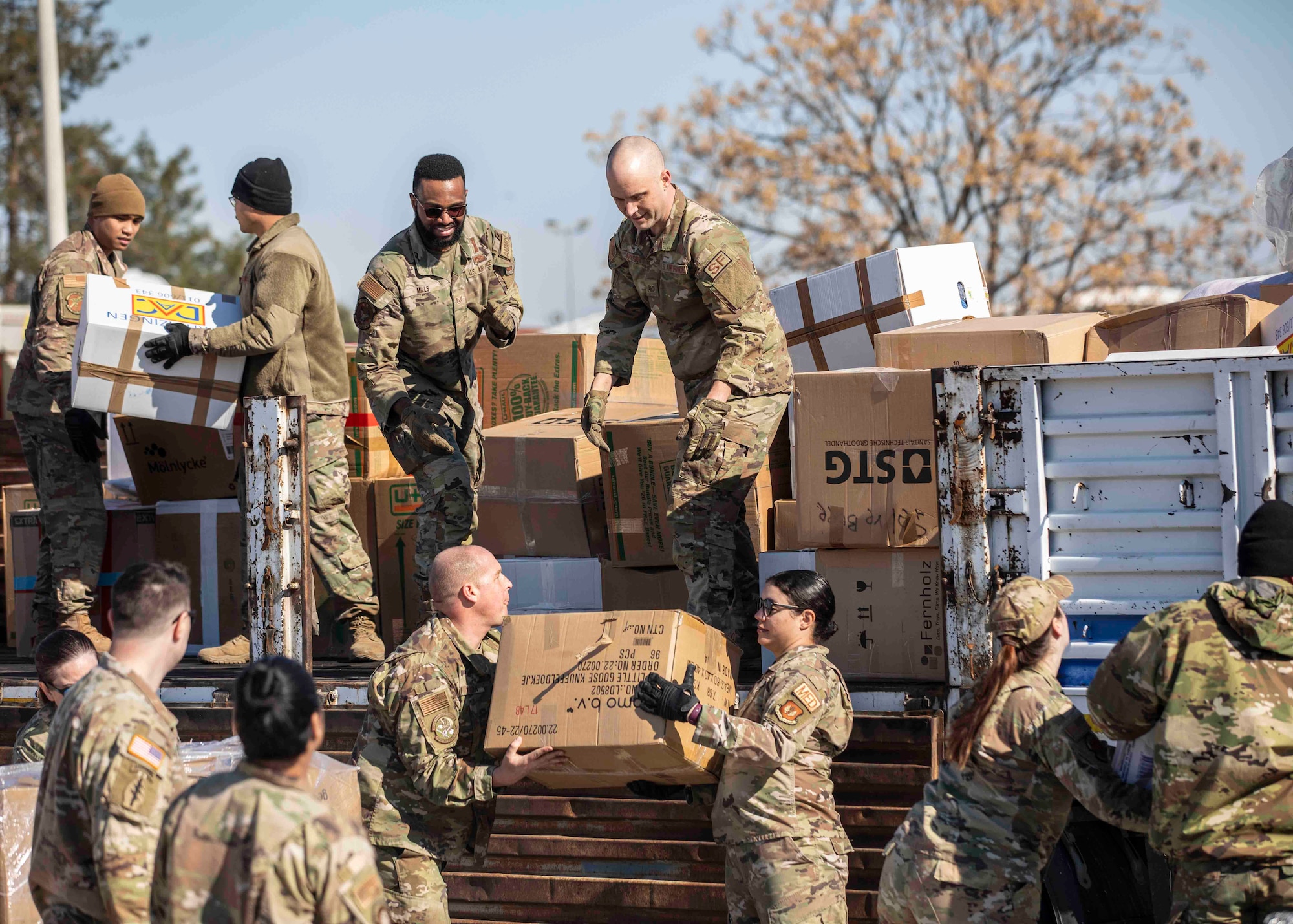 Airmen assigned to various sections across the 39th Air Base Wing in Incirlik Air Base, Turkiye, load supply trucks in recognition of joint military support of USAID humanitarian assistance and disaster relief efforts, following the Feb. 6, 7.8 magnitude earthquake in Turkiye. U.S. military forces assigned to U.S. European Command and under the operational control of U.S. Naval Forces Europe, are providing humanitarian assistance and disaster relief in support of U.S. Agency for International Development (USAID), the Bureau of Humanitarian Assistance (BHA), and the international community to the Turkish people during this tragedy.” (U.S. Navy photo by Mass Communication Specialist 1st Class Mike Wright/Released)