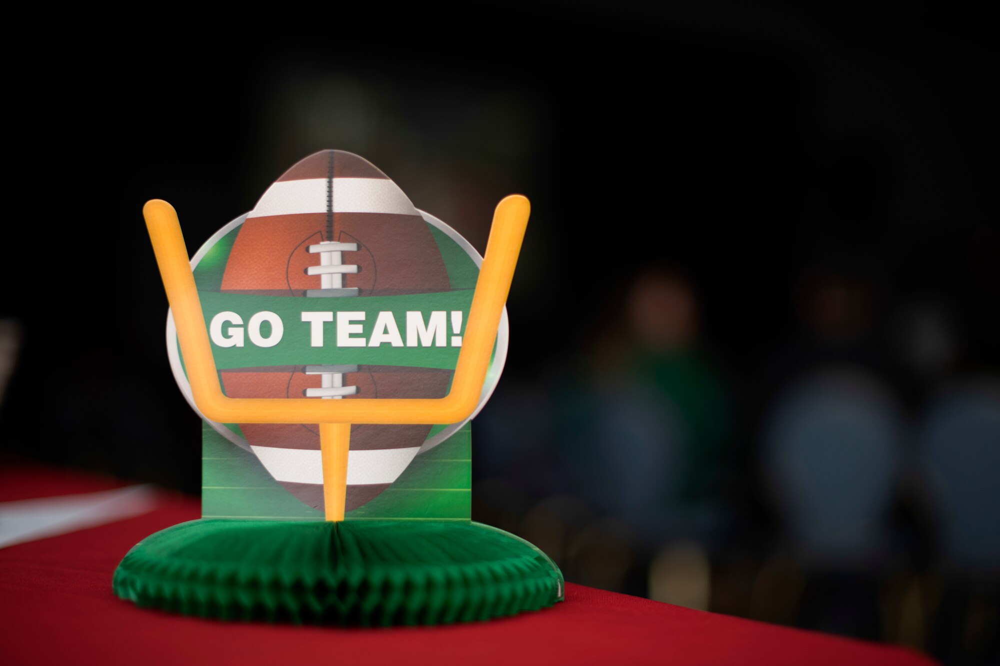 A football decoration adorns a table at a 374th Force Support Squadron Super Bowl LVII party at Yokota Air Base, Japan, Feb. 13, 2023.