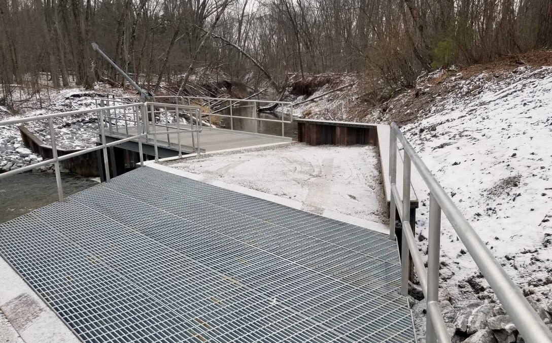 The permanent $1.67 million sea lamprey trap on the East Branch Au Gres River in Iosco County, Michigan is pictured in its final day of construction, Jan 24, 2023. The project represents a long-standing partnership between U.S. Army Corps of Engineers, Detroit District and Great Lakes Fishery Commission to control invasive sea lampreys and protect the $7 billion Great Lakes fishery from the parasitic fish species. (U.S. Army Corps of Engineers Photo by Adam Virga)