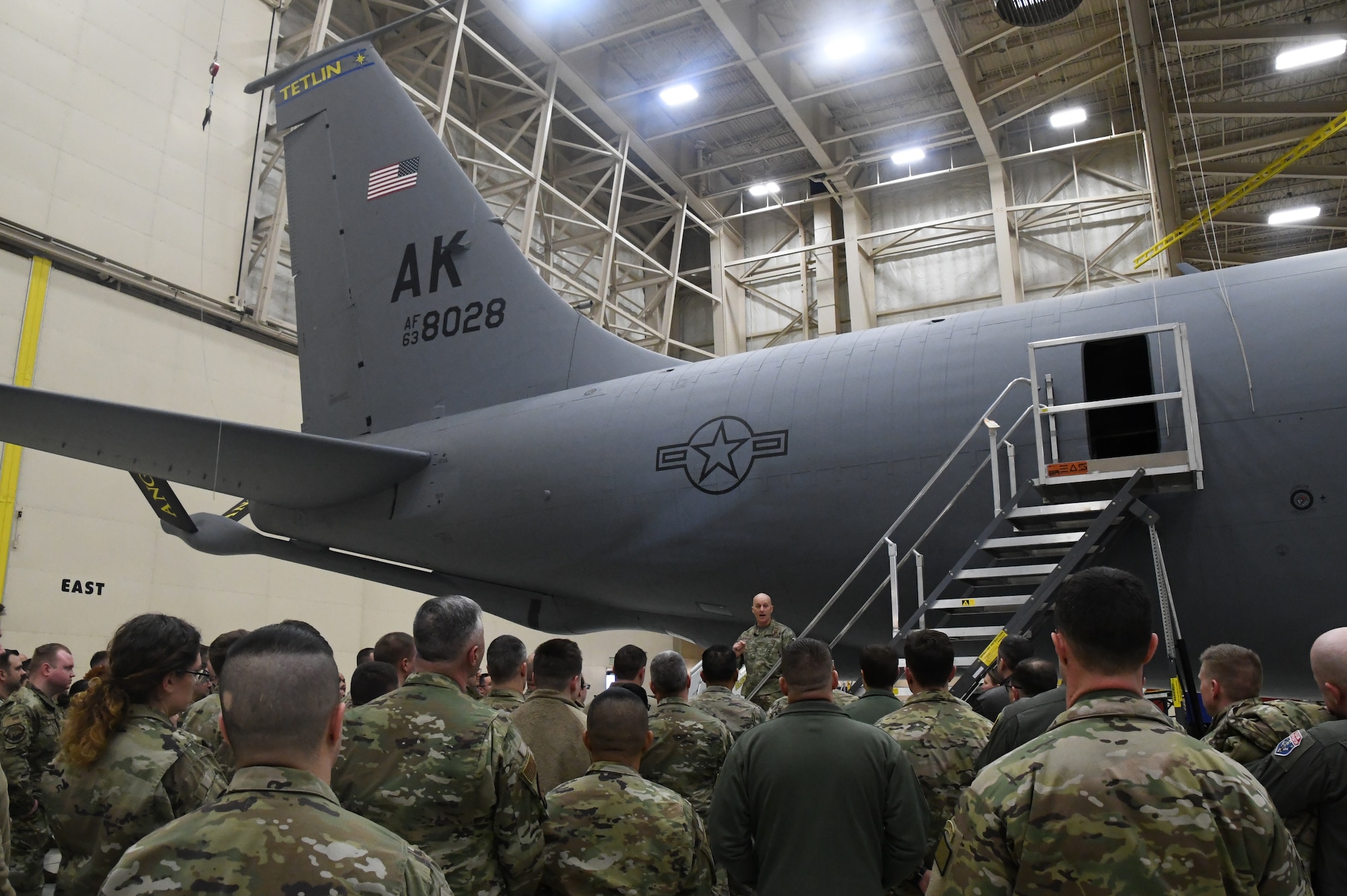 Brig. Gen. Donald K. Carpenter, director of National Guard Bureau Logistics, Engineering and Force Protection, speaks to members of the 168th Wing during the Production Assessment Team visit Feb. 9, 2023, at Eielson Air Force Base, Alaska. The PAT’s goal at the 168th Wing was to find ways to become more efficient to increase aircraft availability.