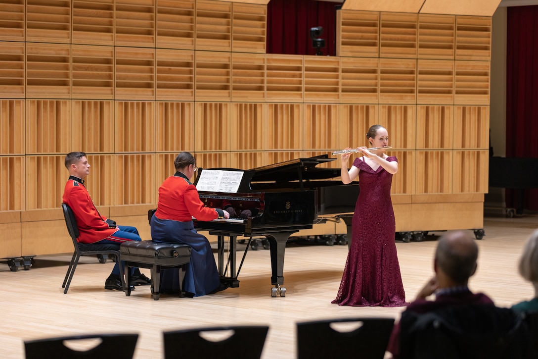 Flutist Elizabeth Hebing performs Otar Gordeli's Flute Concerto, Opus 8 during the 2023 Marine Band Concerto Competition Finals.