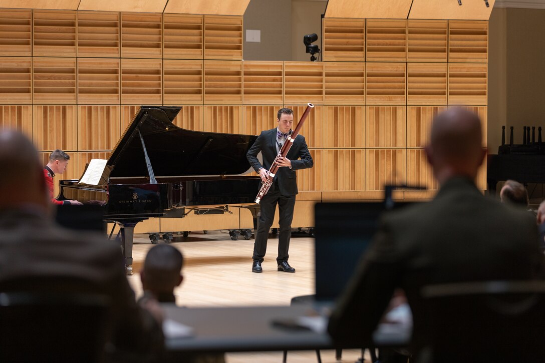 Bassoonist Nathan Shepherd performs Mozart's Allegro from Bassoon Concerto in B-flat, K. 191 during the 2023 Marine Band Concerto Competition Finals. He won second place in the competition.