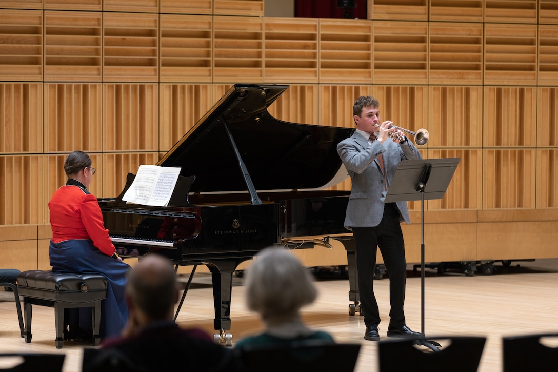 Trumpet Player Christopher Petrella performs Joseph Haydn's Allegro from Trumpet Concerto in E-flat during the 2023 Marine Band Concerto Competition Finals.