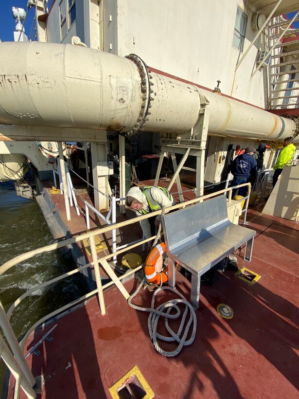 Life on the river onboard the Dredge Potter requires a skillful and highly trained crew of 53 employees. During the 2022-2023 season, crews worked around the clock to maintain the 9-foot shipping channel. USACE photo by Janet Meredith, Public Affairs Specialist