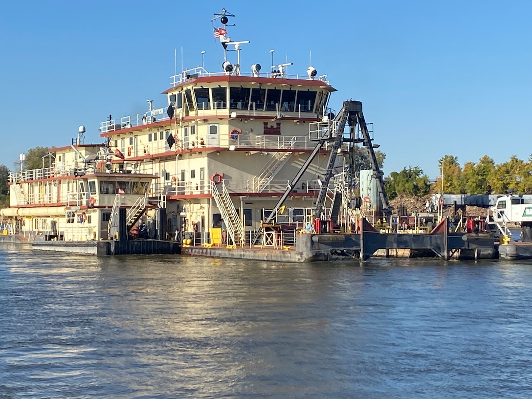 The St. Louis District’s Dredge Potter assisted by the Kimmswick worked 24/7 through the 2022-23 dredging season on the Mississippi River. The Dredge Potter, built in 1932, is a dustpan dredge. The Kimmswick, commissioned in 2006, assists the dredge with pipeline movements. USACE photo by Janet Meredith, Public Affairs Specialist