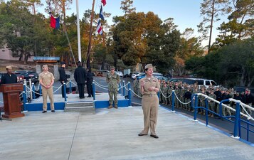 Master Chief Cryptologic Technician Interpretive Laura Stout, Senior Enlisted Leader, Information Warfare Training Command Monterey, addressed student Sailors and staff at one of her first command quarters formations after arriving on-board.