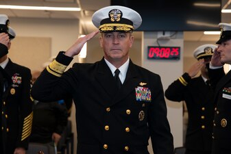 NEWPORT, R.I. (Feb. 2, 2023) Rear Adm. Pete Garvin, commander, Naval Education and Training Command, passes through sideboys during the U.S. Navy Senior Enlisted Academy (SEA) change of charge ceremony, Feb. 2, 2023. Garvin presided over the ceremony as Command Master Chief David Martinez relieved Command Master Chief Baron Randle as the SEA director. The SEA provides senior enlisted leaders with education and training in communication skills, leadership and management, national security affairs, Navy programs and physical fitness. (U.S. Navy photo by Mass Communication Specialist 2nd Class Derien C. Luce)