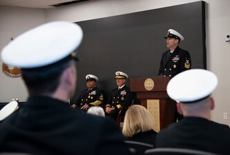 NEWPORT, R.I. (Feb. 2, 2023) Command Master Chief David Martinez, director, U.S. Navy Senior Enlisted Academy (SEA), gives remarks during the SEA change of charge ceremony, Feb. 2, 2023. Martinez relieved Command Master Chief Baron Randle as the SEA director. The SEA provides senior enlisted leaders with education and training in communication skills, leadership and management, national security affairs, Navy programs and physical fitness. (U.S. Navy photo by Mass Communication Specialist 2nd Class Derien C. Luce)