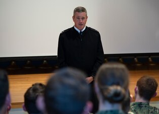 NEWPORT, R.I. (Feb. 2, 2023) Rear Adm. Pete Garvin, commander, Naval Education and Training Command, speaks with students from the Officer Development Course at Officer Training Command Newport (OTCN) on Naval Station (NAVSTA) Newport, Feb. 2, 2023. Garvin visited NAVSTA Newport to serve as the presiding officer for the U.S. Navy Senior Enlisted Academy’s change of charge ceremony and to engage with the staff and students of Surface Warfare Schools Command, OTCN, and Naval Leadership and Ethics Center. (U.S. Navy photo by Mass Communication Specialist 2nd Class Derien C. Luce)