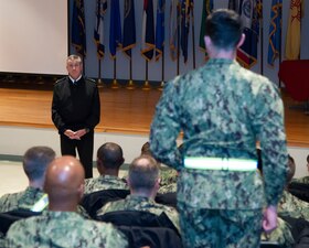 NEWPORT, R.I. (Feb. 2, 2023) A student from the Officer Development Course at Officer Training Command Newport (OTCN) on Naval Station (NAVSTA) Newport asks Rear Adm. Pete Garvin, commander, Naval Education and Training Command a question during an all-hands call, Feb. 2, 2023. Garvin visited NAVSTA Newport to serve as the presiding officer for the U.S. Navy Senior Enlisted Academy’s change of charge ceremony and to engage with the staff and students of Surface Warfare Schools Command, OTCN, and Naval Leadership and Ethics Center. (U.S. Navy photo by Mass Communication Specialist 2nd Class Derien C. Luce)