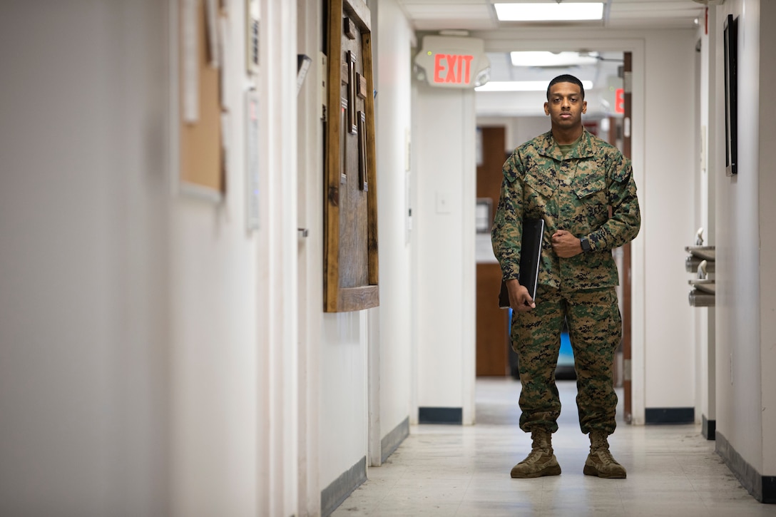 Cpl. Ju’Ron Smith Jr. poses for a portrait at the 24th Marine Expeditionary Unit command post
