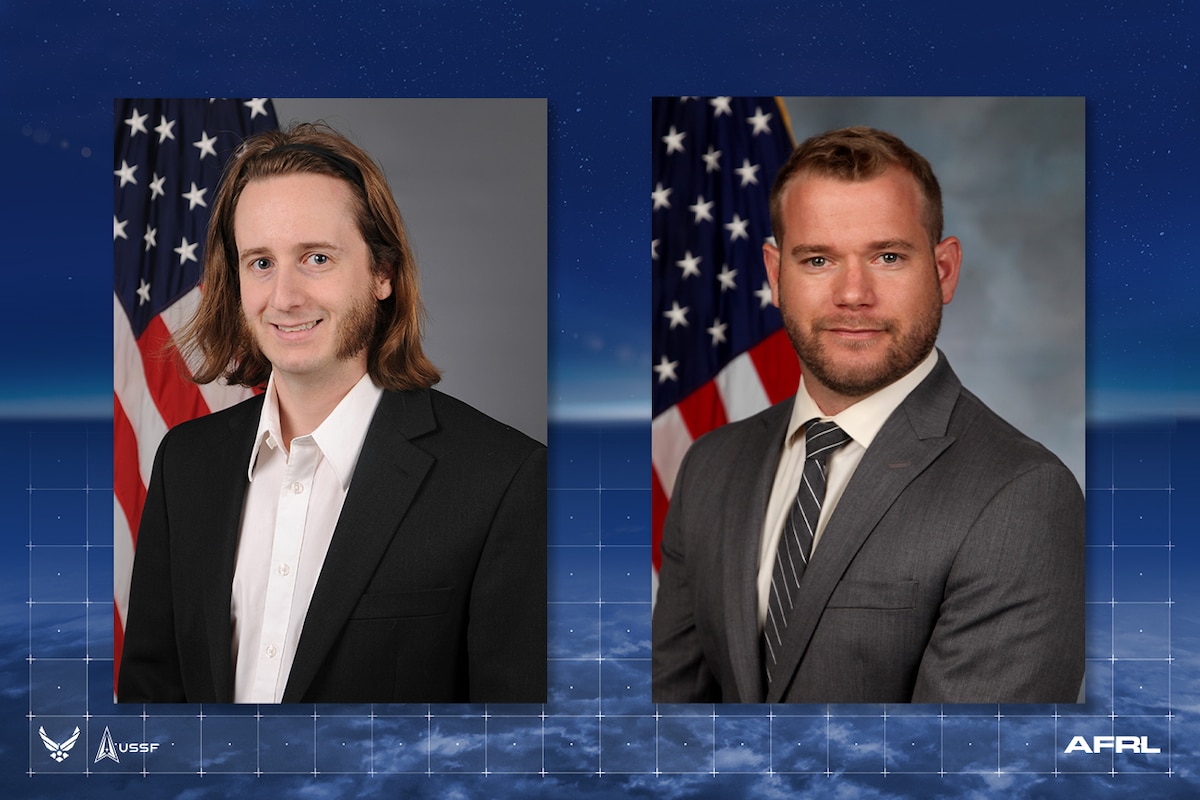 Dr. Preston T. Webster, left, and Dr. Andrew J. "AJ" Metcalf, right, are the U.S. Air Force nominees to the 74th Annual Arthur S. Flemming Award. Webster leads an Air Force Research Laboratory team that develops novel space sensor technologies for the nation’s infrared surveillance, missile warning and tracking, weather monitoring and other various systems. Metcalf serves as the Air Force Research Laboratory space mission area lead in the Office of the Deputy Technology Executive Officer for Space Science and Technology. Flemming Award winners will be announced in June 2023 at a ceremony to be held at George Washington University in Washington D.C. (U.S. Air Force photo).