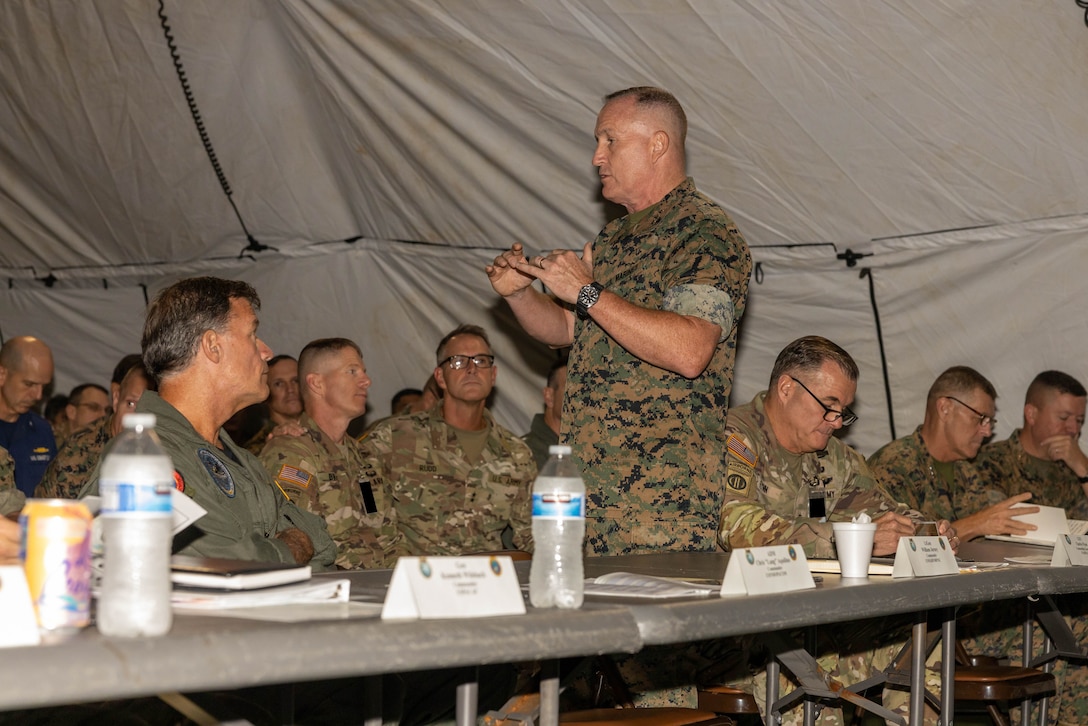 U.S. Marine Corps Lt. Gen. William M. Jurney, commander, U.S. Marine Corps Forces, Pacific, gives a brief on the site of an expeditionary command and control node training exercise at Camp H.M. Smith, Hawaii, Feb. 7, 2023. Forces from I Marine Expeditionary Force and III MEF established a Multi-Function Air Operations Center and Multi-Domain Operations Center during the exercise to synchronize all-domain effects across the Indo-Pacific region for the Joint Force and interagency partners. The C2 node, operated by Marines of MACG-38 and 3rd MAW informed and enabled the synchronization of organic, joint, and/or interagency fires – both lethal and non-lethal – across air, sea, land, space, and cyber to achieve specific, desired effects during the exercise.