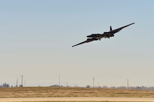 U.S. Air Force Maj. Pritt, 1st Reconnaissance Squadron U-2 Dragon Lady pilot, prepares for landing during his final flight Jan. 25, 2023, at Beale Air Force Base, Calif.