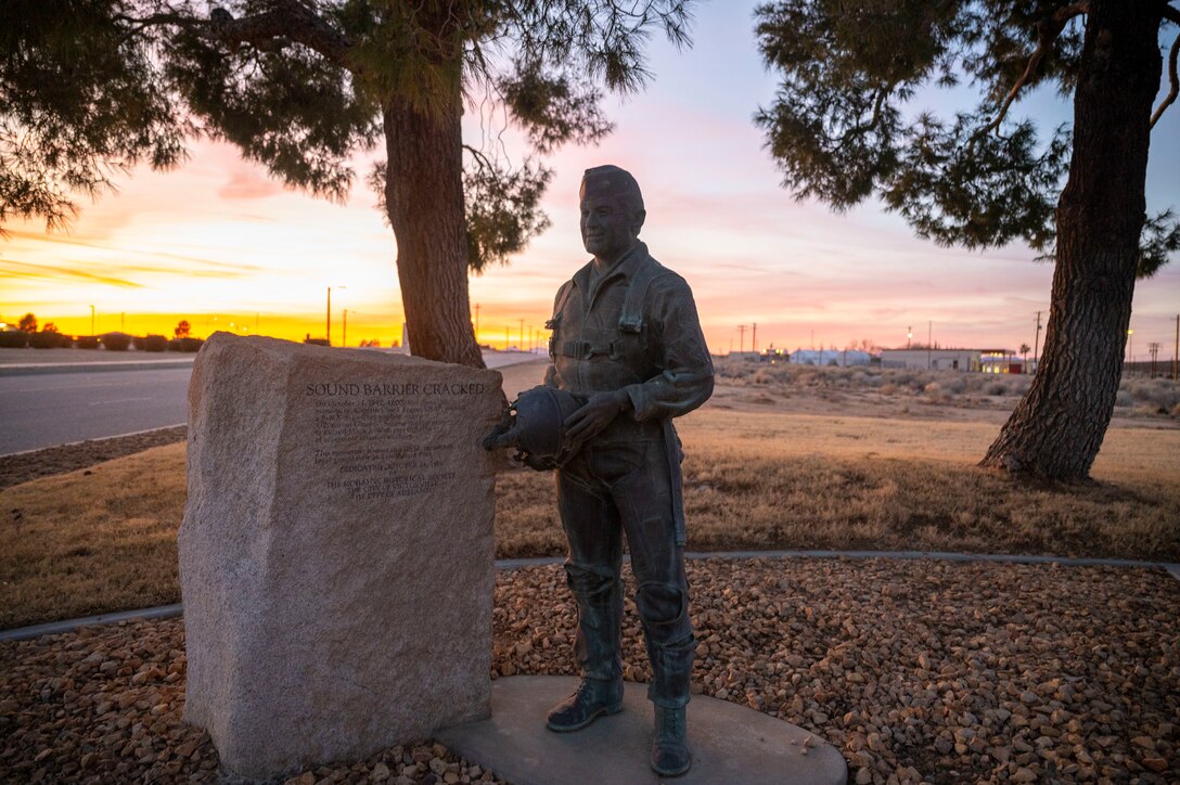 A statue of General Chuck Yeager sits on Yeager Blvd at Edwards Air Force Base, California. This monument honors the flight, the aircraft, a loyal ground crew, and its valiant pilot that first broke the sound barrier October 14th, 1947.