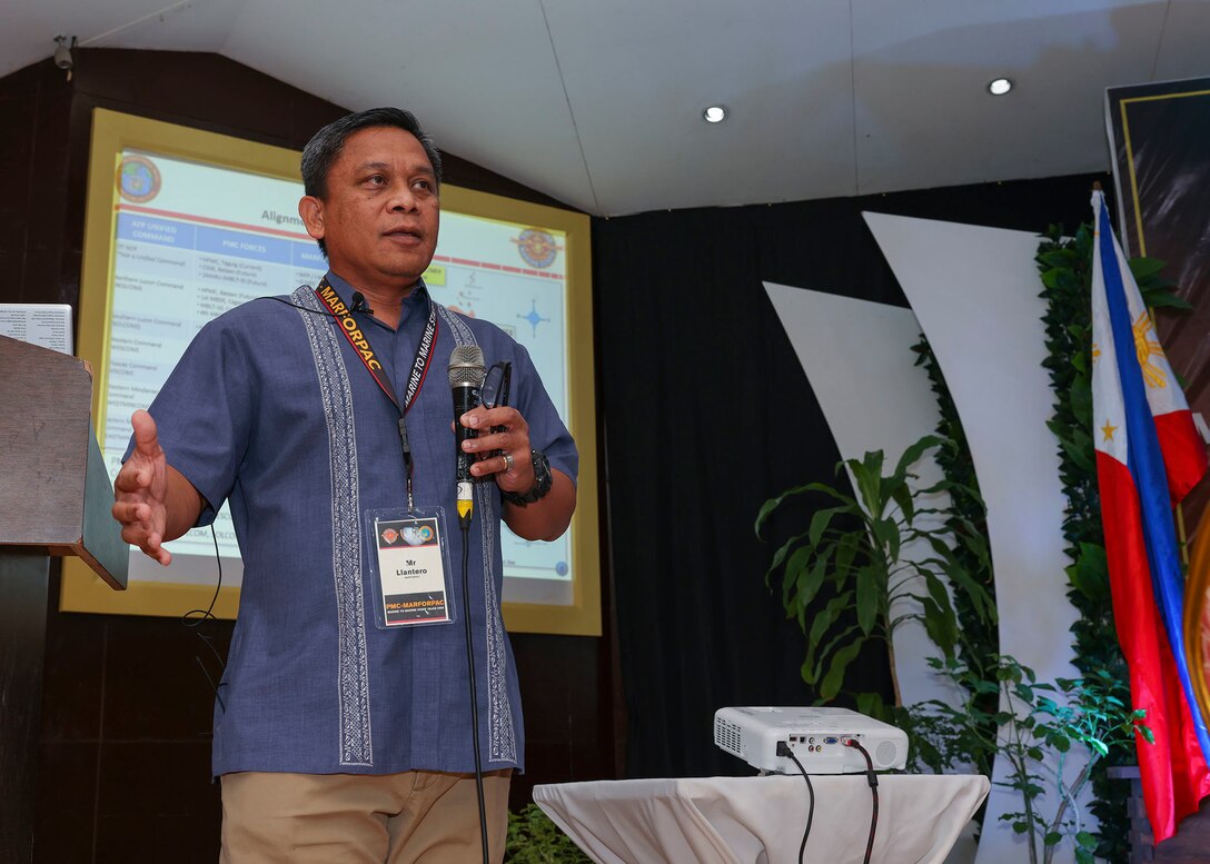 Ferdinand F. Llantero, joint operational planner, G5, U.S. Marine Corps Forces, Pacific (MARFORPAC) makes remarks during the Philippine Marine Corps – MARFORPAC Staff Talks (PMC – MARFORPAC Staff Talks), at the Citystate Asturias Hotel in Puerto Princesa, Palawan, Philippines, Feb. 8, 2023. The PMC - MARFORPAC Staff Talks serve to strengthen the relationship between MARFORPAC and the Philippine Marine Corps by providing the opportunity to align goals and objectives and collaborate on common interests through bilateral discussions and engagements. (U.S. Marine Corps photo by Sgt. Danny Nateras)