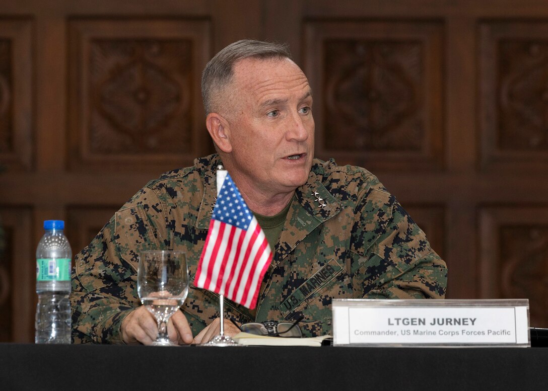 U.S. Marine Corps Lt. Gen. William M. Jurney, commander, U.S. Marine Corps Forces, Pacific (MARFORPAC), provides closing remarks at the conclusion of the Philippine Marine Corps-MARFORPAC Staff Talks (PMC-MARFORPAC Staff Talks), at the Citystate Asturias Hotel in Puerto Princesa, Palawan, Philippines, Feb. 10, 2023. The PMC-MARFORPAC Staff Talks serve to strengthen the relationship between MARFORPAC and the Philippine Marine Corps by providing the opportunity to align goals and objectives and collaborate on common interests through bilateral discussions and engagements. (U.S. Marine Corps photo by Sgt. Danny Nateras)