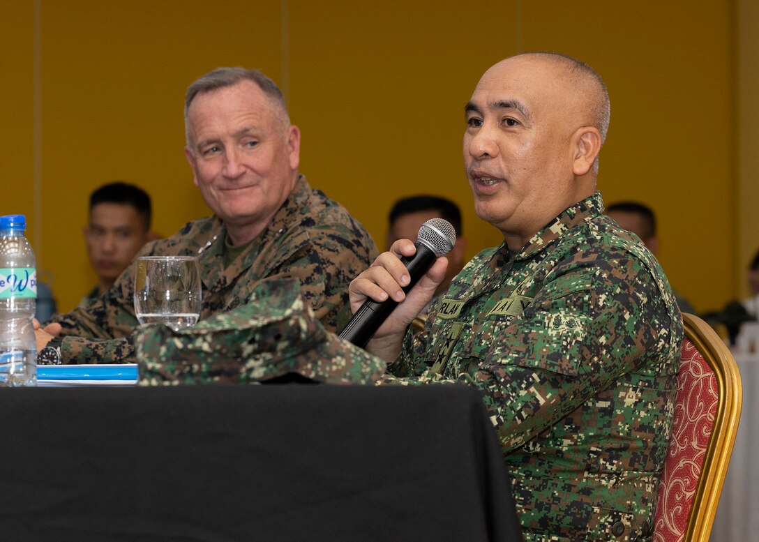 Philippine Marine Corps Maj. Gen. Charlton Sean M. Gaerlan, commandant, Philippine Marine Corps (PMC), delivers the closing remarks during the PMC-MARFORPAC Staff Talks, at the Citystate Asturias Hotel in Puerto Princesa, Palawan, Philippines, Feb. 10, 2023. The PMC-MARFORPAC Staff Talks serve to strengthen the relationship between MARFORPAC and the Philippine Marine Corps by providing the opportunity to align goals and objectives and collaborate on common interests through bilateral discussions and engagements. (U.S. Marine Corps photo by Sgt. Danny Nateras)