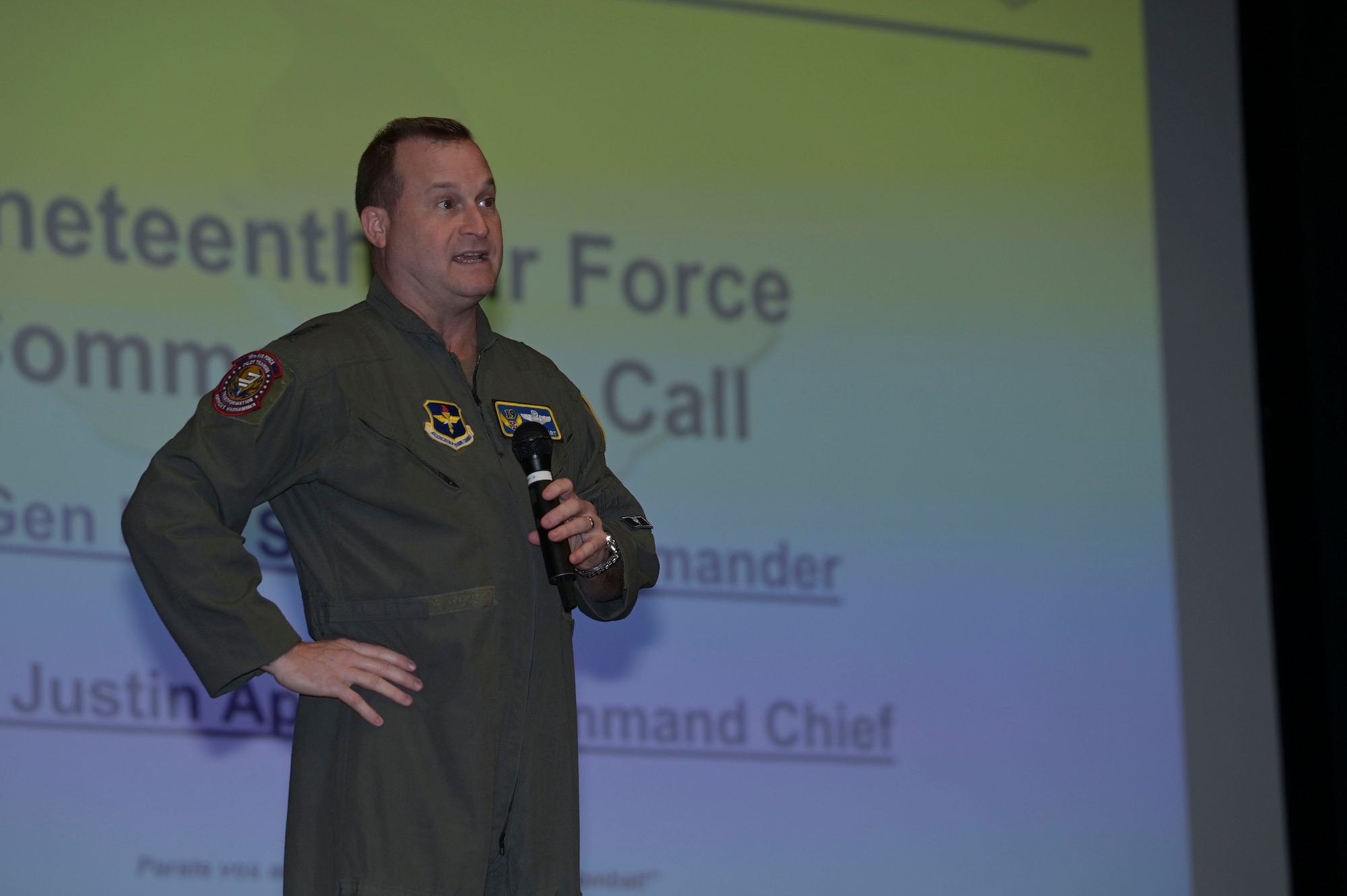 U.S. Air Force Maj. Gen. Phillip A. Stewart, 19th Air Force commander, speaks to the Airmen of the 14th Flying Training Wing during a wing All Call, at Columbus Air Force Base, Mississippi, Feb. 7, 2023. The visit was Stewart’s first visit to Columbus AFB since becoming the 19th AF commander. (U.S. Air Force photo by Senior Airman Jessica Haynie)
