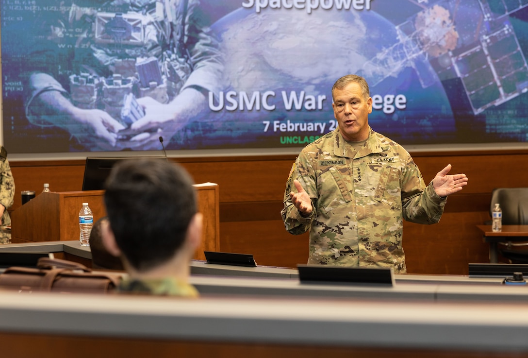 U.S. Army Gen. James H. Dickinson, the commander of U.S. Space Command, speaks to Marine Corps War College students at Marine Corps University on Marine Corps Base Quantico, Virginia, Feb. 7, 2023. Dickinson visited MCWAR to speak with students about the importance of space operations and how U.S. military space power integrates into multi-domain global operations. As the senior professional military education institution of the Marine Corps, MCWAR develops strategic leaders, critical and creative thinkers, military strategists, and joint warfighters who are prepared to meet the challenges of a complex and dynamic security environment. (U.S. Marine Corps Photo by Lance Cpl. George Nudo)