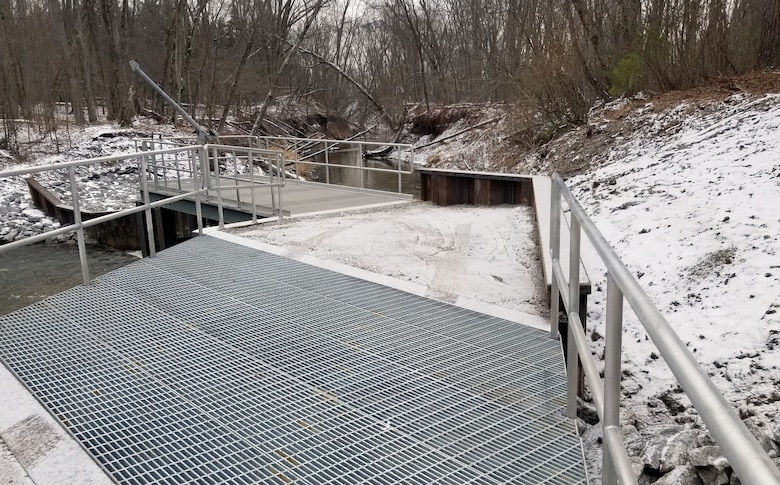 The permanent $1.67 million sea lamprey trap on the East Branch Au Gres River in Iosco County, Michigan is pictured in its final day of construction, Jan 24, 2023. The project represents a long-standing partnership between U.S. Army Corps of Engineers, Detroit District and Great Lakes Fishery Commission to control invasive sea lampreys and protect the $7 billion Great Lakes fishery from the parasitic fish species. (U.S. Army Corps of Engineers Photo by Adam Virga)