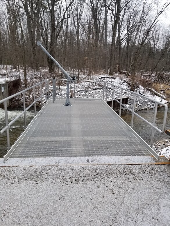 The permanent $1.67 million sea lamprey trap on the East Branch Au Gres River in Iosco County, Michigan is pictured in its final day of construction, Jan 24, 2023. The project represents a long-standing partnership between U.S. Army Corps of Engineers, Detroit District and Great Lakes Fishery Commission to control invasive sea lampreys and protect the $7 billion Great Lakes fishery from the parasitic fish species. (U.S. Army Corps of Engineers Photo by Adam Virga)
