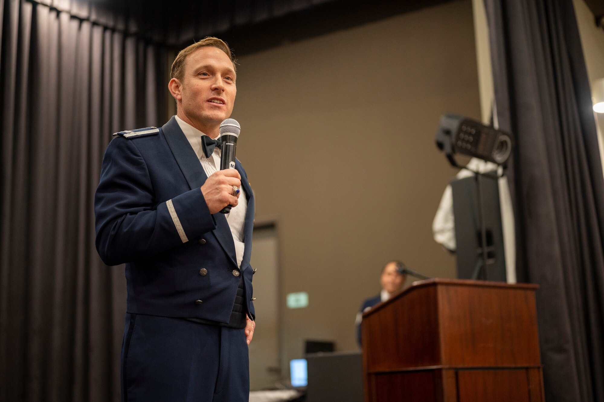 U.S. Air Force Col. Paul Davidson, 51st Fighter Wing vice commander, delivers a congratulatory speech to the graduates of Airman Leadership School (ALS) Class 23-B at Osan Air Base, Republic of Korea, Feb. 9, 2023. ALS is the first level of professional military education for enlisted Airmen to experience. ALS is designed to be an entry-level leadership enhancement course to prepare senior airmen for leadership positions. (U.S. Air Force Photo by Airman 1st Class Aaron Edwards)