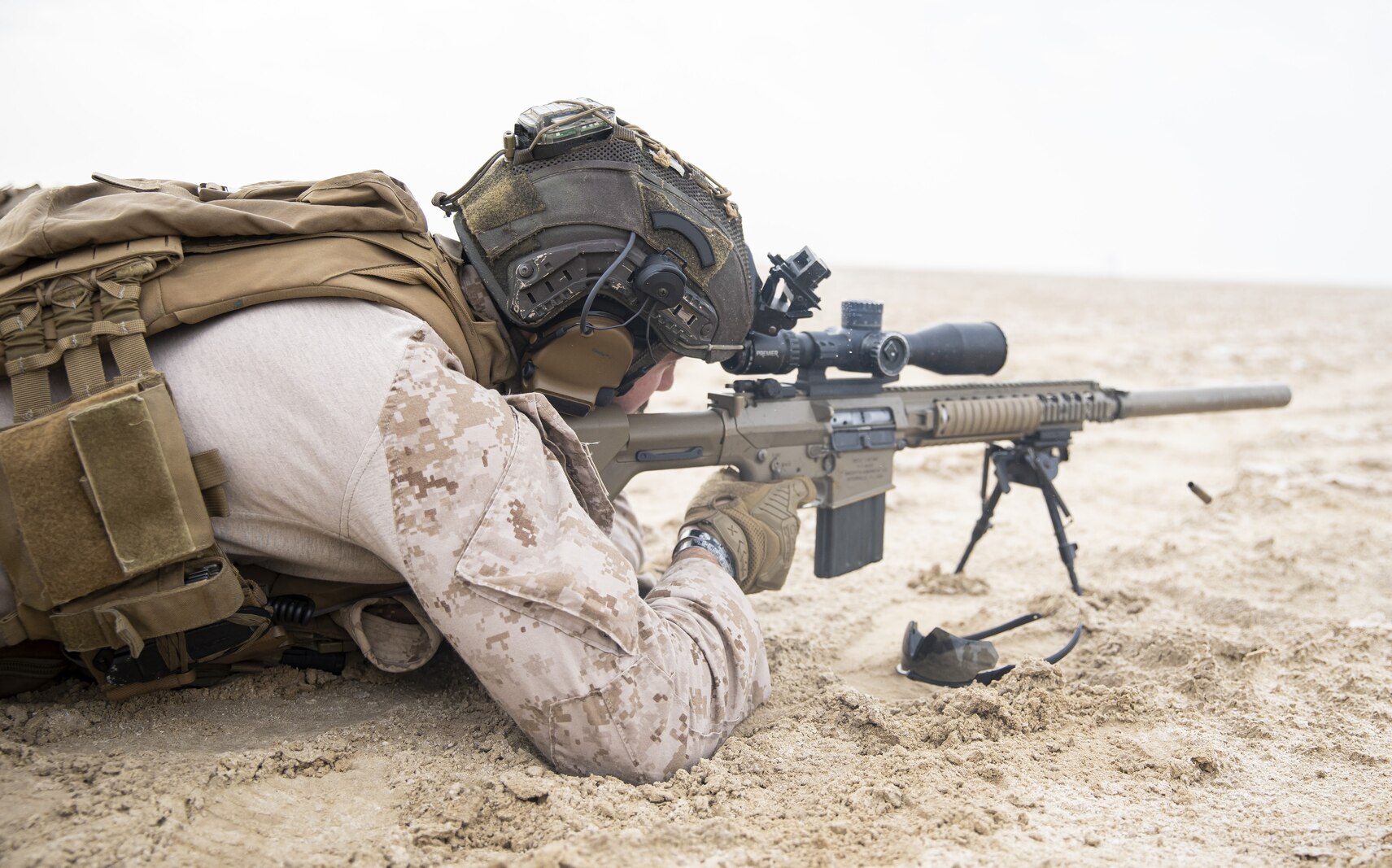 BAHRAIN (January 17, 2023) – A U.S. Marine assigned to Fleet Anti-Terrorism Security Team Central Command (FASTCENT) fires an M110 Semi-Automatic Sniper System during a live fire designated marksman range as part of exercise Neon Defender 23 in Bahrain, Jan. 17. Neon Defender is an annual bilateral training event between U.S. Naval Forces Central Command and Bahrain. The exercise focuses on maritime security, installation defense, naval construction, medical response and search and rescue training.