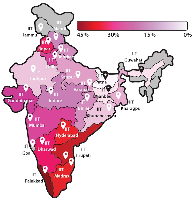 Map showing percentage of students opting for technical courses in India after school in each Indian state and union territory