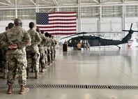 Brig. Gen. Dwayne Wilson, commander of the Georgia Army National Guard, addresses Soldiers of the 201st Regional Support Group at a departure ceremony at the Clay National Guard Center Feb. 13, 2023. The Soldiers will train stateside before embarking on their overseas mission.