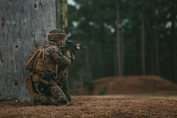 U.S. Marine Corps Cpl. Eric M. Lee, team leader, 2nd Battalion, 25th Marine Regiment, 4th Marine Division, Marine Forces Reserve, participates in a live fire event as part of the 4th MARDIV Rifle Squad Competition on Marine Corps Base Camp Lejeune, North Carolina, Jan. 30, 2023. The three-day event tested the Marines across a variety of infantry skills to determine the most combat effective rifle squad within the 4th MARDIV. MCB Camp Lejeune training facilities allow warfighters to be ready today and prepare for tomorrow’s fight.