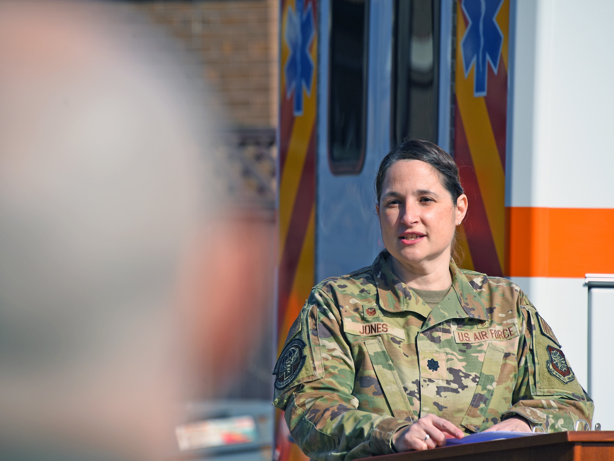 87th MDG HCOS commander speaks to participants at the ALS ribbon-cutting ceremony.
