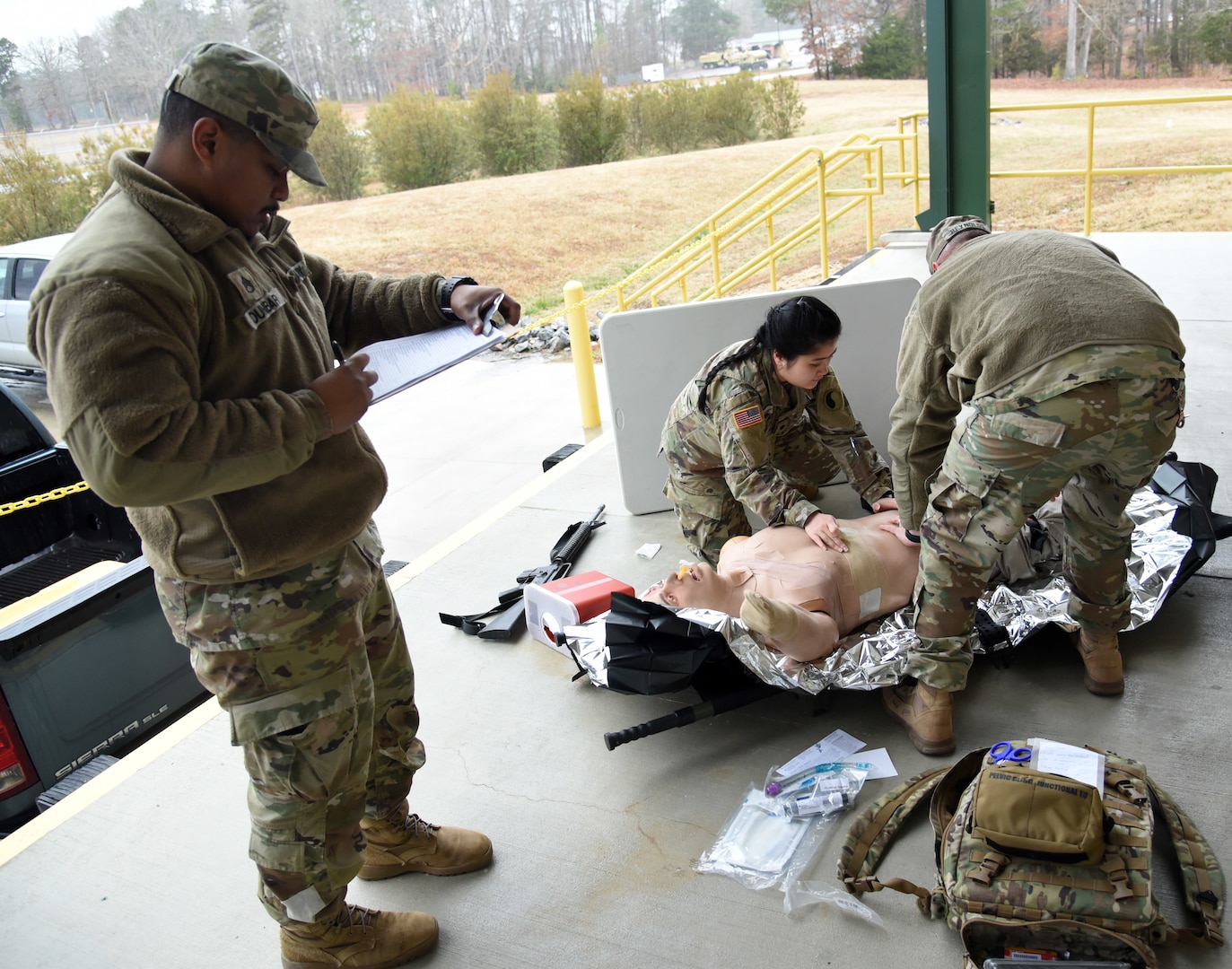 Virginia National Guard Soldiers conduct combat medic certification during refresher training Jan. 25, 2023, at Fort Pickett, Virginia. More than 30 VNG medics completed classroom and practical training, including two medical and two trauma scenarios.