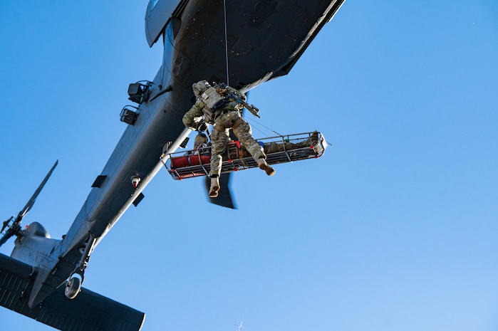 Davis-Monthan Pararescuemen are practicing a simulated rescue at Red Flag 23-1