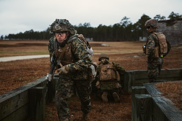U.S. Marine Corps Sgt. Michael Graf, squad leader, 3rd Battalion, 25th Marine Regiment, 4th Marine Division, Marine Forces Reserve, participates in a live fire event as part of the 4th MARDIV Rifle Squad Competition on Marine Corps Base Camp Lejeune, N.C. , Jan. 30, 2023. The three-day event tested the Marines across a variety of infantry skills to determine the most combat effective rifle squad within the 4th MARDIV. MCB Camp Lejeune training facilities allow warfighters to be ready today and prepare for tomorrow’s fight.