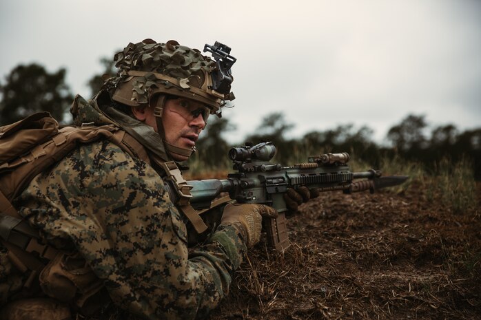 U.S. Marine Corps Cpl. Adam Wiscombe, team leader, 3rd Battalion, 25th Marine Regiment, 4th Marine Division, Marine Forces Reserve, participates in a live fire event as part of the 4th MARDIV Rifle Squad Competition on Marine Corps Base (MCB) Camp Lejeune, North Carolina, Jan. 30, 2023. The three-day event tested the Marines across a variety of infantry skills to determine the most combat effective rifle squad within the 4th MARDIV. MCB Camp Lejeune training facilities allow warfighters to be ready today and prepare for tomorrow’s fight.