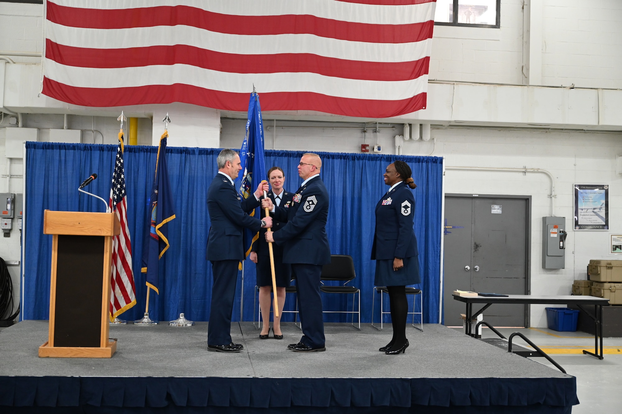 174th Attack Wing Command Chief Master Sgt. Michael Will relinquishes authority during a ceremony at Hancock Field Air National Guard Base Feb. 4, 2023.  Chief Will retired after service in the U.S. military for 39 years. (U.S. Air National Guard photo by Senior Amn Tiffany Scofield)