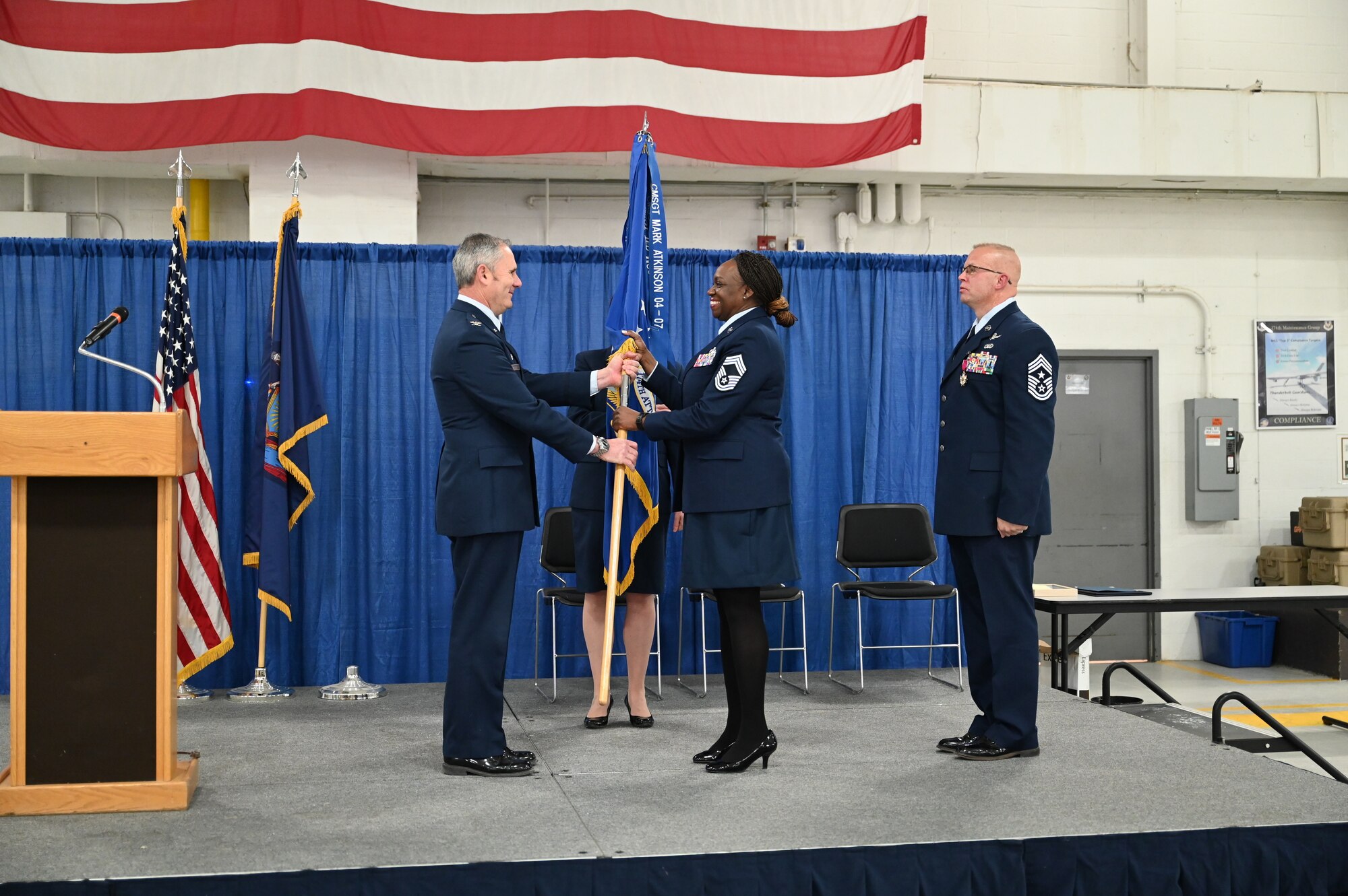 174th Attack Wing Chief Master Sgt. Sonja A. Williams becomes the new Command Chief during a ceremony at Hancock Field Air National Guard Base Feb. 4, 2022.  Chief Williams is the first female command chief at the 174th. (U.S. Air National Guard photo by Senior Amn Tiffany Scofield)