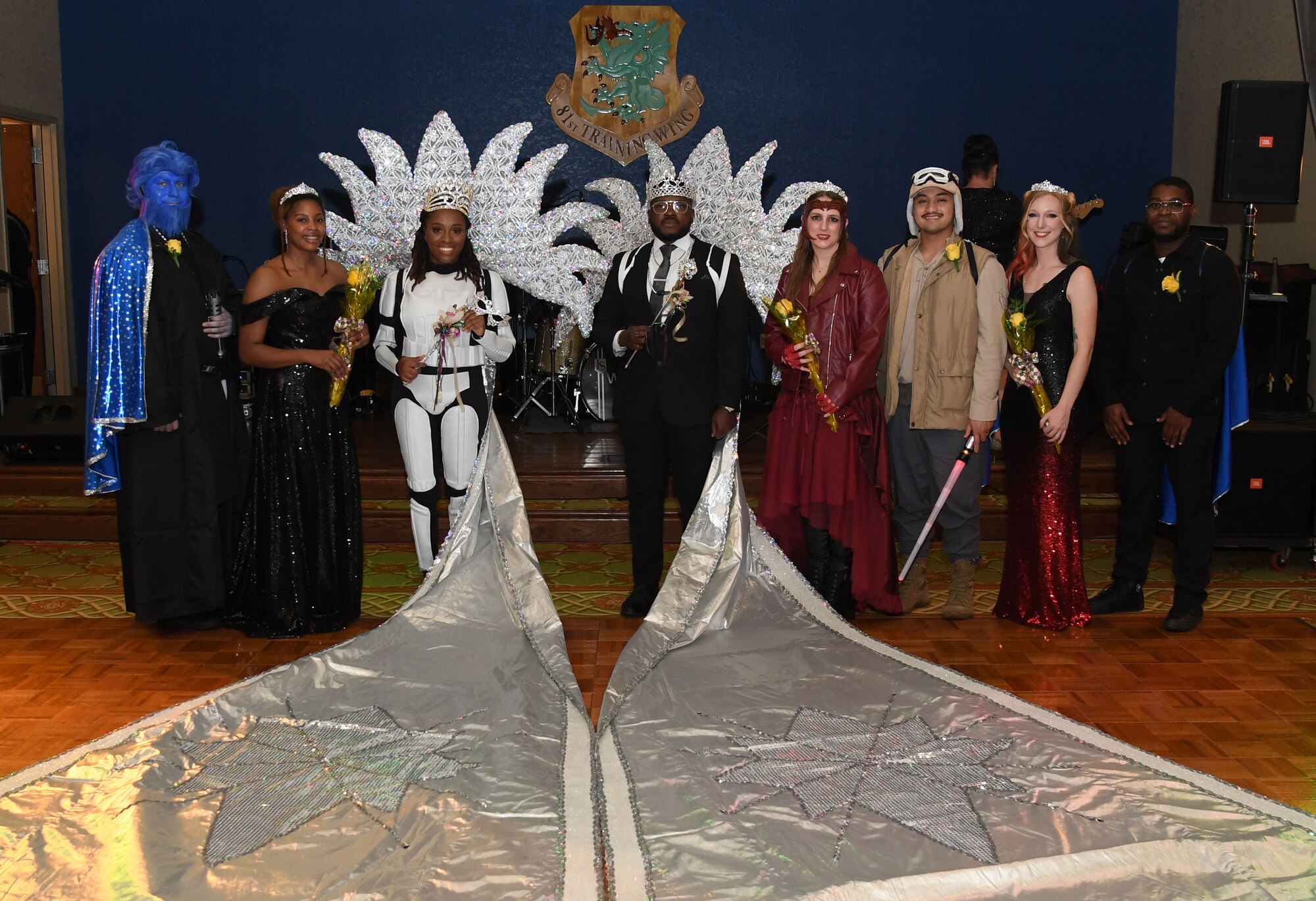 The 2023 Krewe of Medics Royalty Court pose for a photo during the 32nd Annual Krewe of Medics Mardi Gras Ball at the Bay Breeze Event Center on Keesler Air Force Base, Mississippi, Feb. 11, 2023.