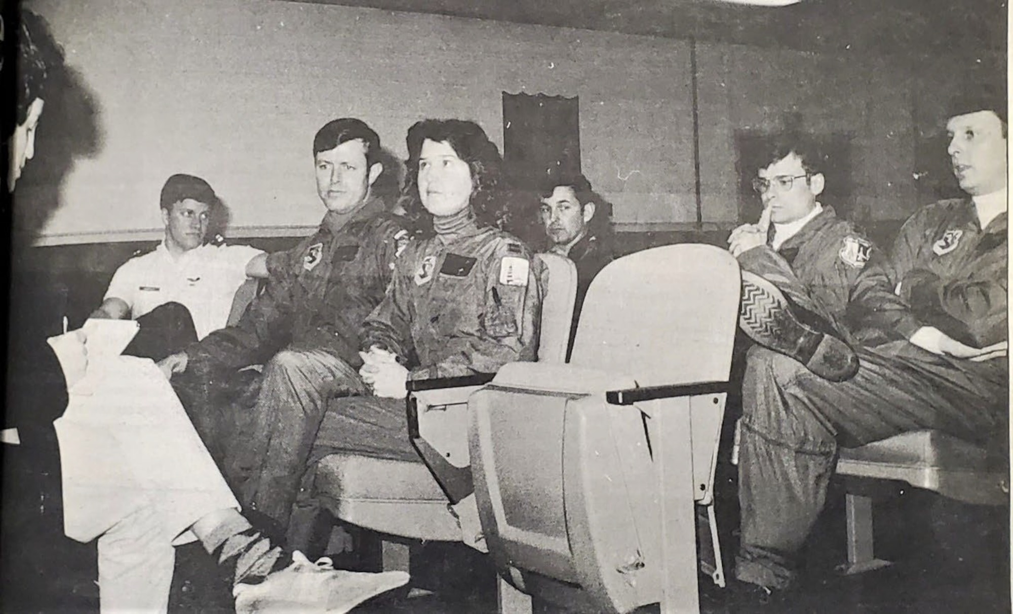 Tony Grossman, left, a reporter from Foster’s Daily Democrat, interviews crew members of the heart transport mission; Capt. Robert Keneally, 509th Bombardment Wing emergency operations controller; Lt. Col. Brent E. Chapman, 509th Air Refueling Squadron KC-135 pilot; Capt. Leone G. Atsalis, 509 AREFS KC-135 co-pilot; Lt. Col. Peter L. Greenawalt, 393rd Bombardment Squadron pilot of the FB-111A backup flight; Capt. Steven Gruger, the 393rd BMS FB-111 navigator who held the heart in his lap; and Capt. David Lefforge, 393rd BMS pilot of the FB-111 which performed the transport mission. (U.S. Air Force photo by Sgt Stefanie Doner)