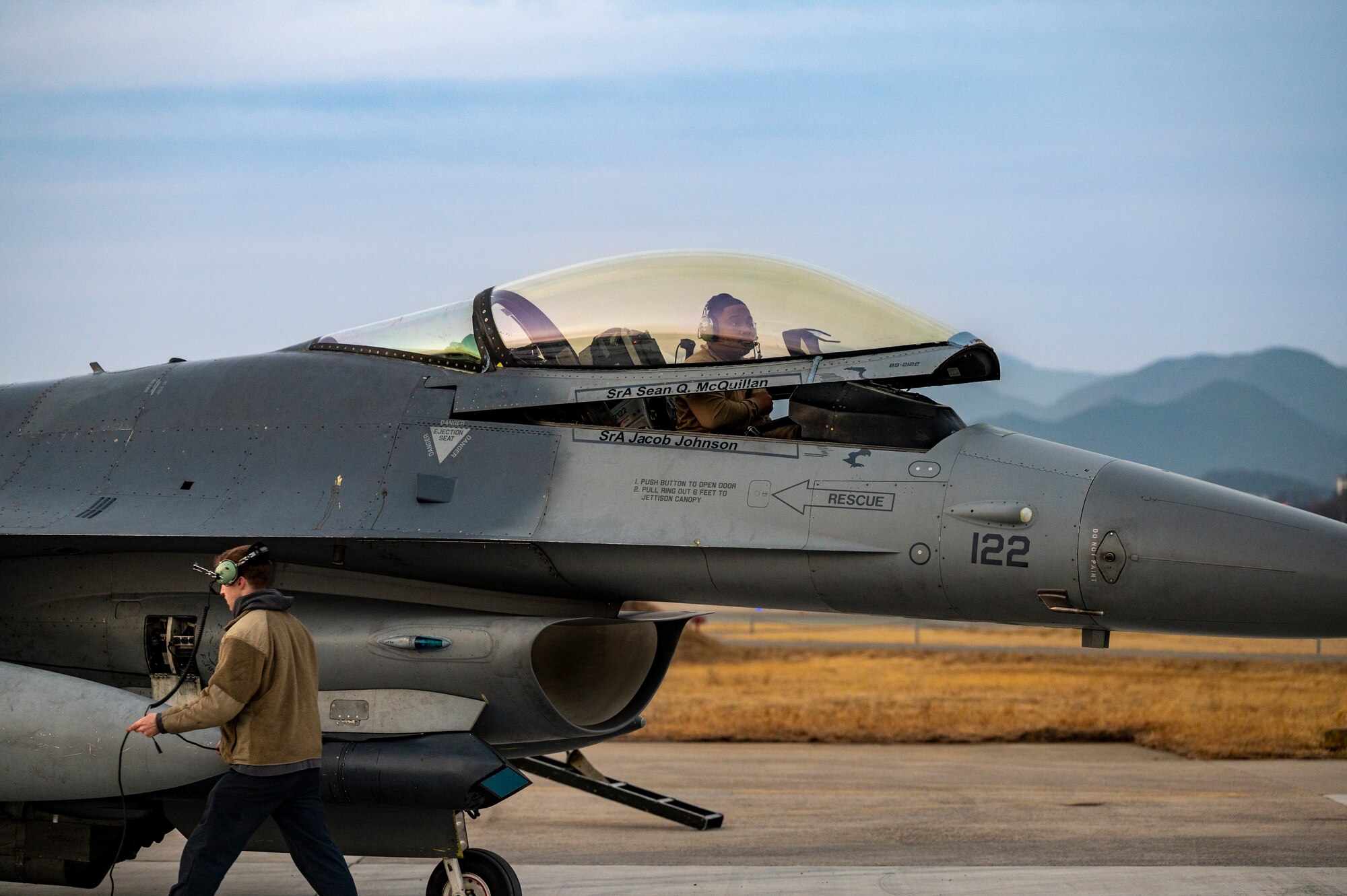 U.S. Air Force Staff Sgt. Joseph Weber, 36th Fighter Generation Squadron (FGS) aerospace propulsion craftsman and Staff Sgt. Stacy Spears, 36th FGS crew chief, perform post-flight maintenance on an F-16 Fighting Falcon during a training event at Daegu Air Base, Republic of Korea, Feb. 2, 2023.